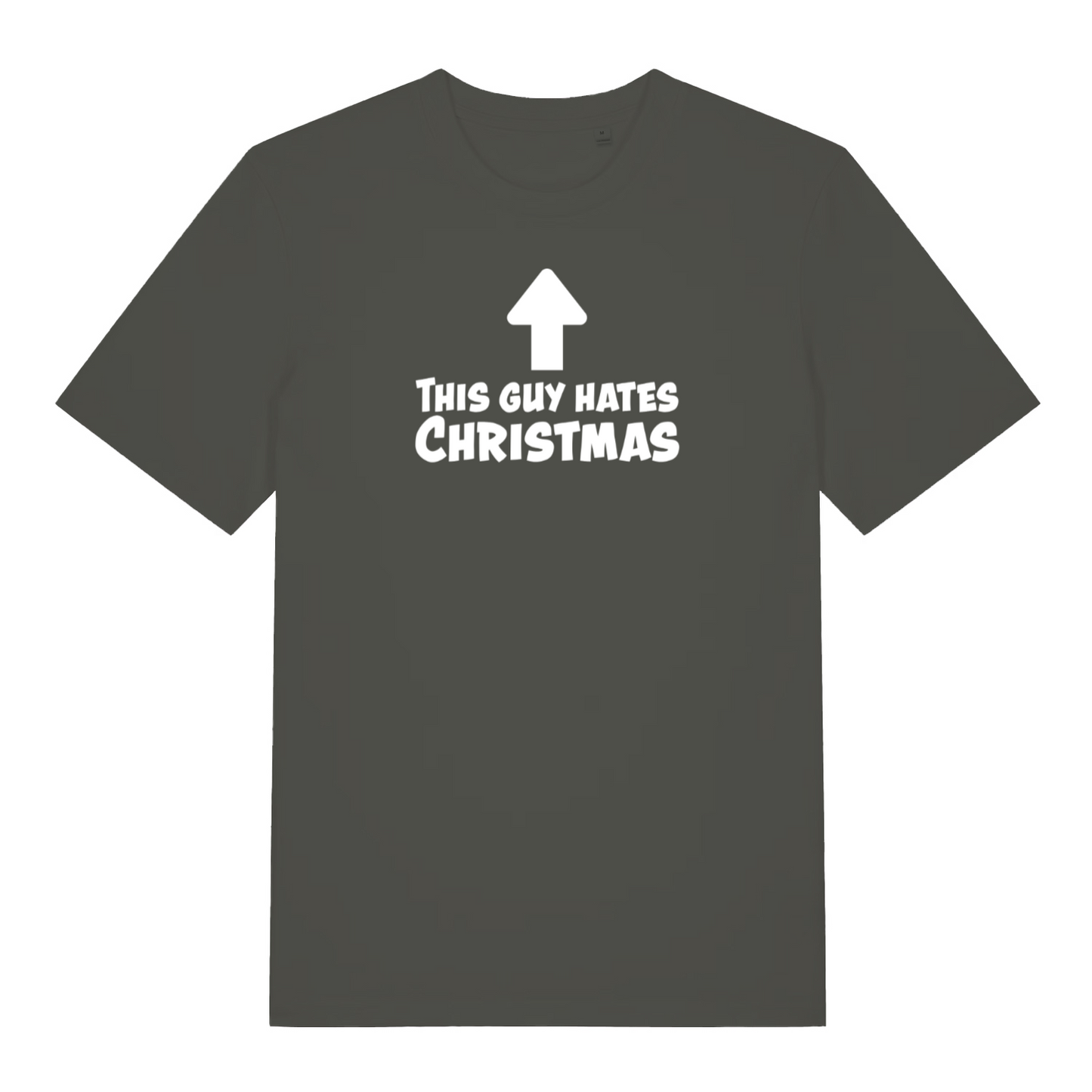 khaki xmas t-shirt with the slogan 'this guy hates christmas'