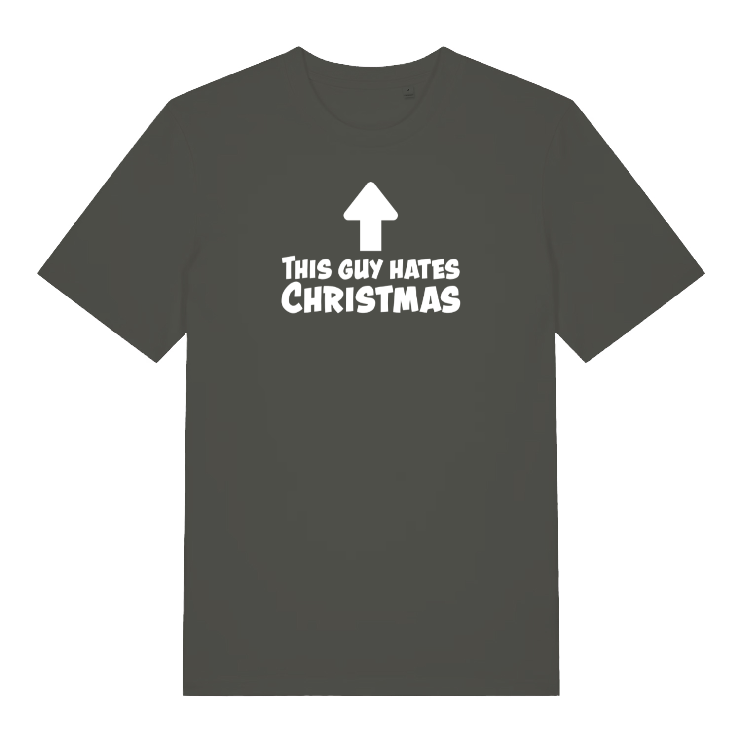khaki xmas t-shirt with the slogan 'this guy hates christmas'