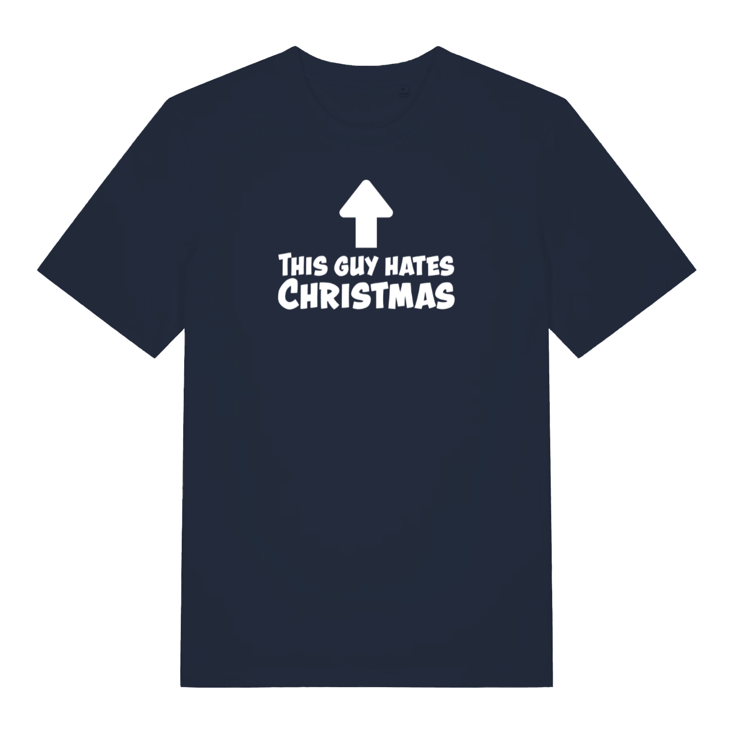 navy xmas t-shirt with the slogan 'this guy hates christmas'