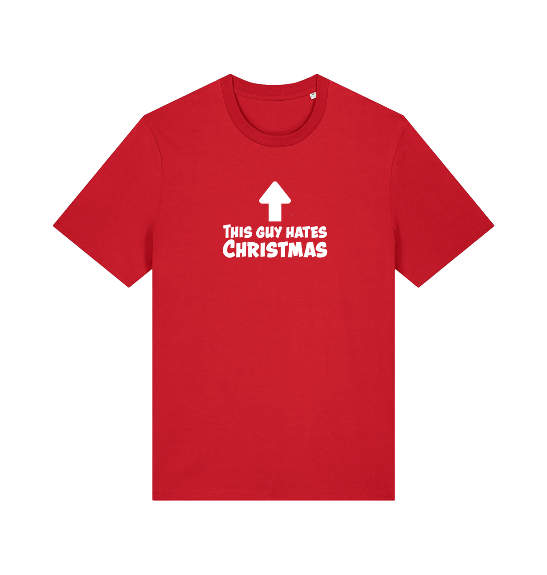 red christmas t-shirt with the slogan 'this guy hates christmas'