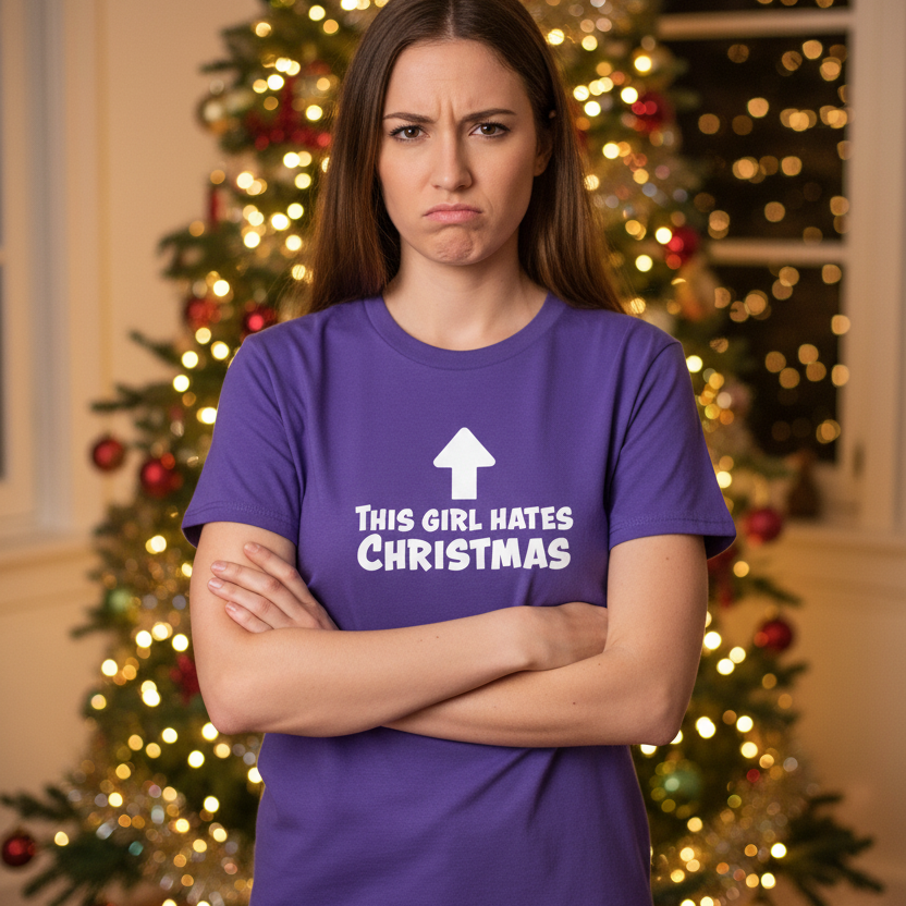 Woman wearing a purple t-shirt with 'This Girl Hates Christmas' text in front of a decorated Christmas tree.