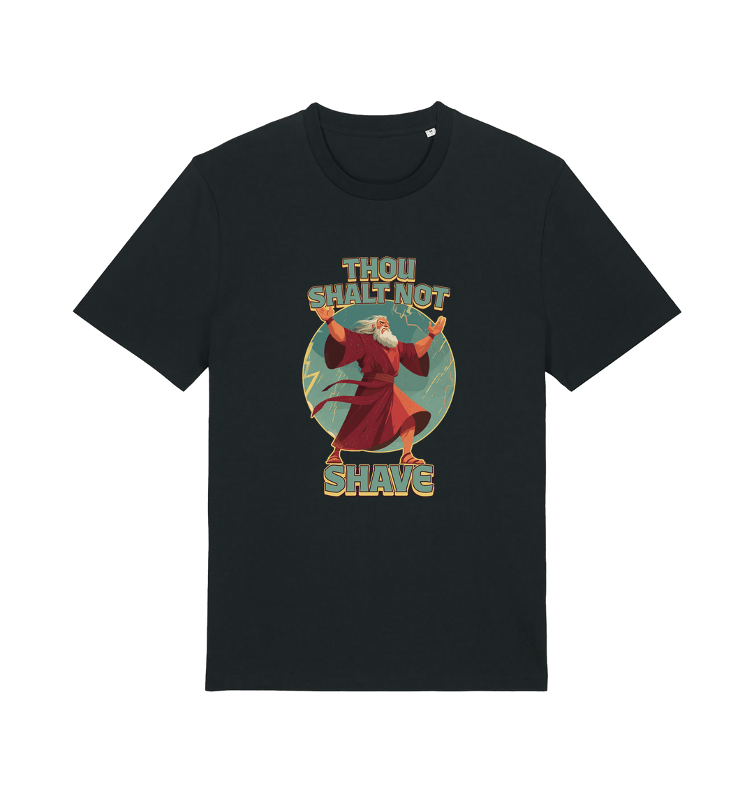 black funny jesus t-shirt with the graphic of a robed man and the slogan 'thou shalt not shave'