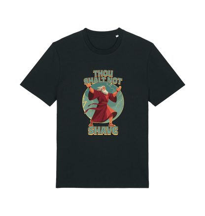 black funny jesus t-shirt with the graphic of a robed man and the slogan 'thou shalt not shave'