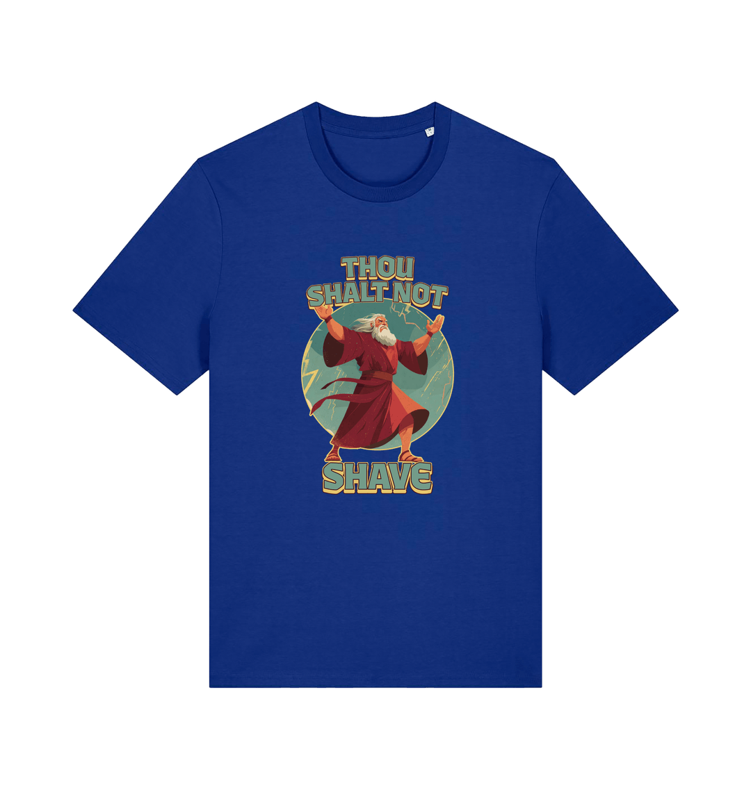blue funny jesus t-shirt with the graphic of a robed man and the slogan 'thou shalt not shave'