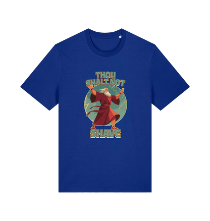 blue funny jesus t-shirt with the graphic of a robed man and the slogan 'thou shalt not shave'