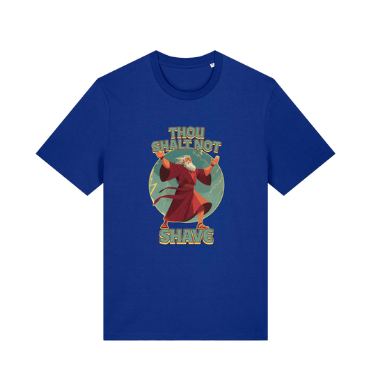 blue funny jesus t-shirt with the graphic of a robed man and the slogan 'thou shalt not shave'