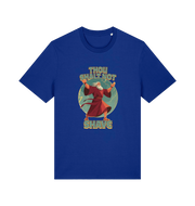 blue funny jesus t-shirt with the graphic of a robed man and the slogan 'thou shalt not shave'