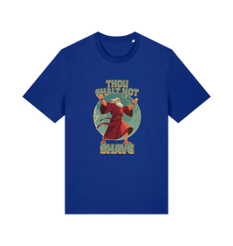blue funny jesus t-shirt with the graphic of a robed man and the slogan 'thou shalt not shave'