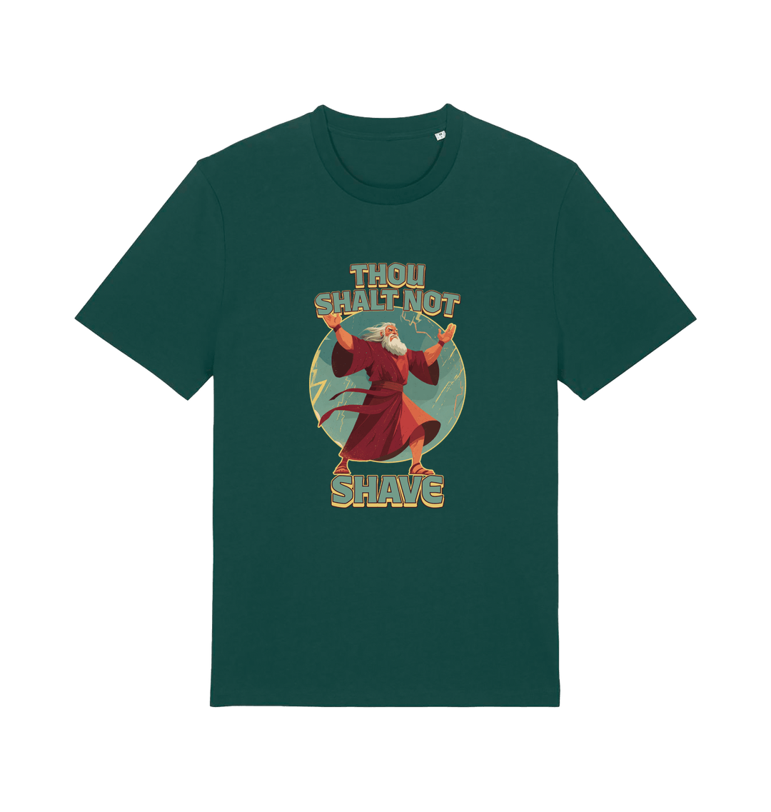 green funny jesus t-shirt with the graphic of a robed man and the slogan 'thou shalt not shave'