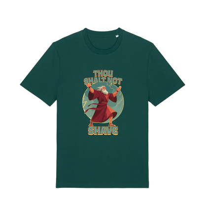 green funny jesus t-shirt with the graphic of a robed man and the slogan 'thou shalt not shave'