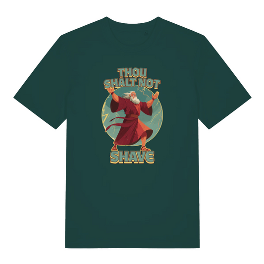 Green funny jesus t-shirt with a graphic of a character in a robe and the text 'Thou Shalt Not Shave' 