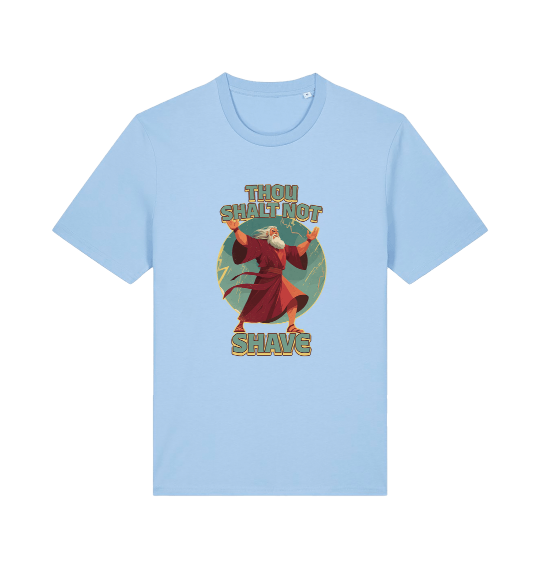 light blue funny jesus t-shirt with the graphic of a robed man and the slogan 'thou shalt not shave'
