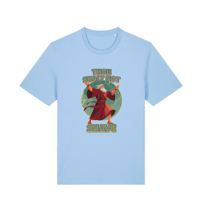 light blue funny jesus t-shirt with the graphic of a robed man and the slogan 'thou shalt not shave'