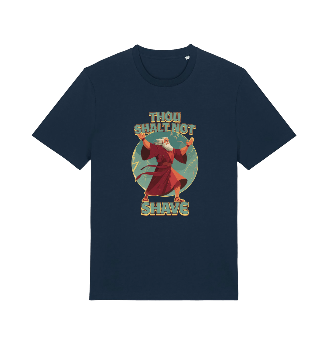 navy funny jesus t-shirt with the graphic of a robed man and the slogan 'thou shalt not shave'