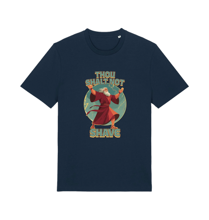 navy funny jesus t-shirt with the graphic of a robed man and the slogan 'thou shalt not shave'