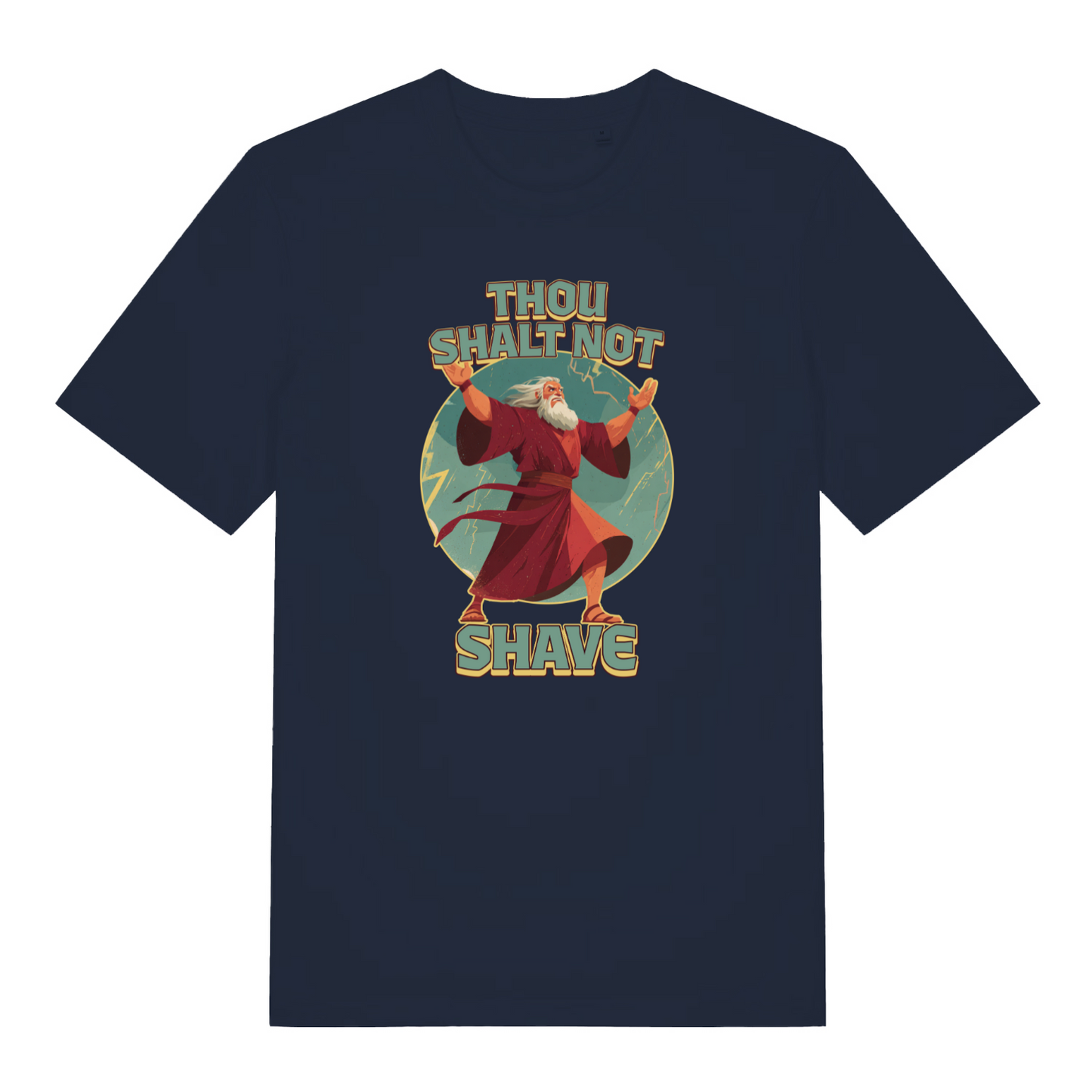 navy funny jesus t-shirt with a graphic of a character in a robe and the text 'Thou Shalt Not Shave' 