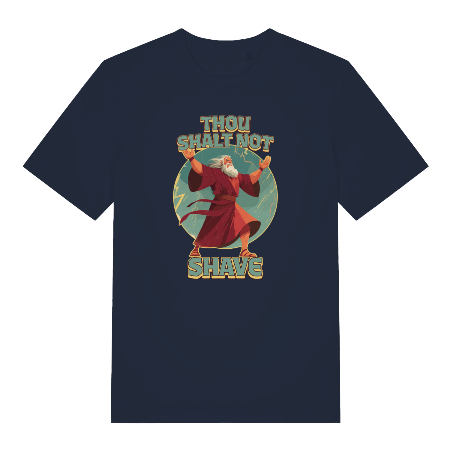 navy funny jesus t-shirt with a graphic of a character in a robe and the text 'Thou Shalt Not Shave' 