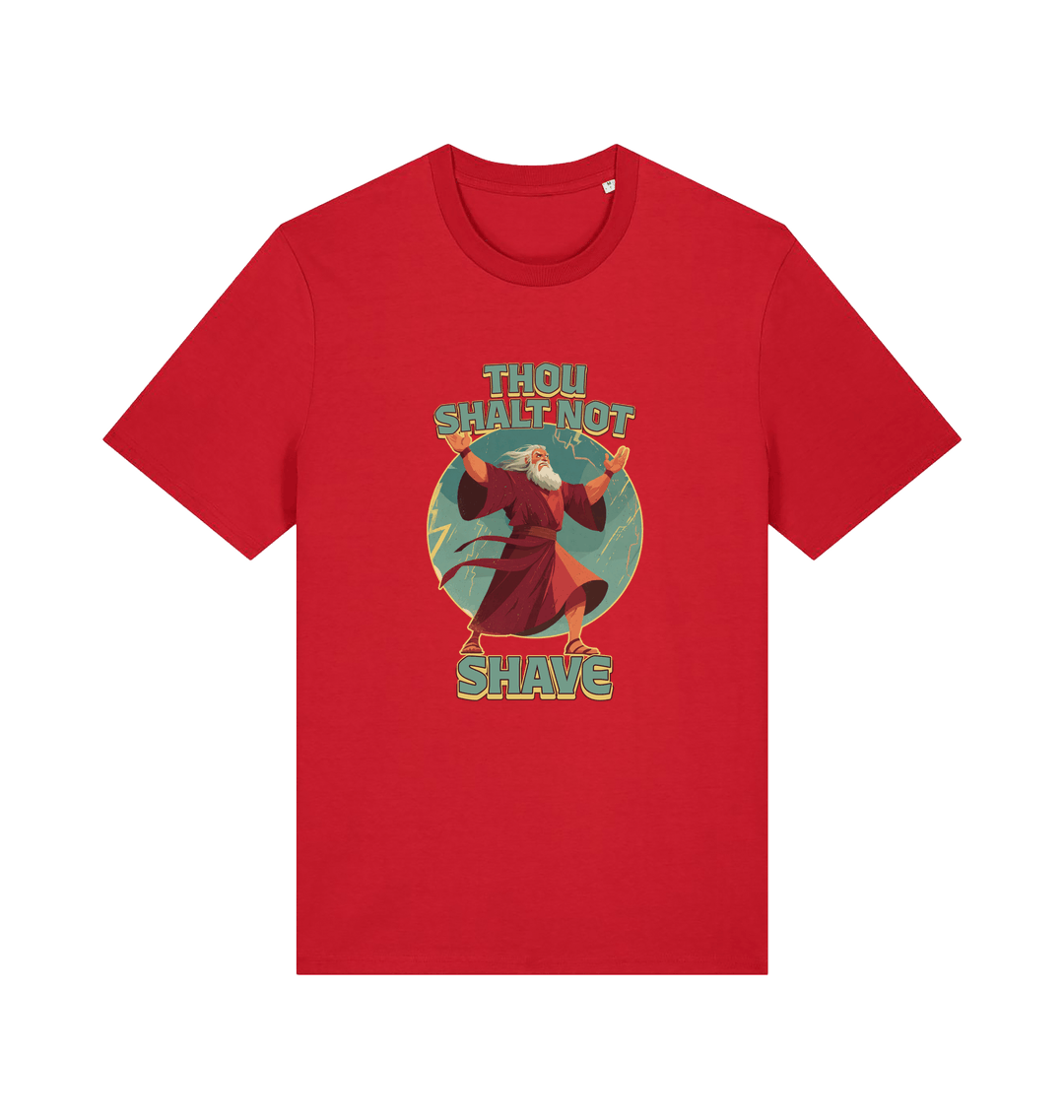 red funny jesus t-shirt with the graphic of a robed man and the slogan 'thou shalt not shave'