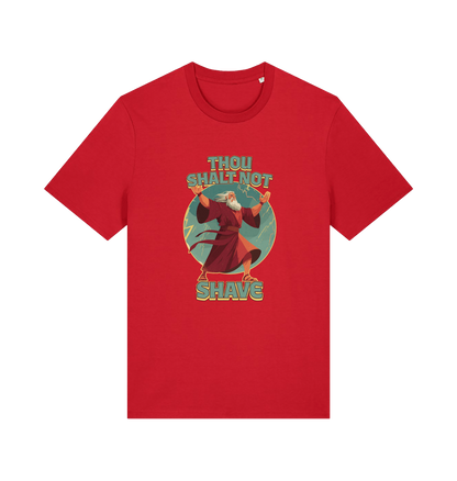 red funny jesus t-shirt with the graphic of a robed man and the slogan 'thou shalt not shave'