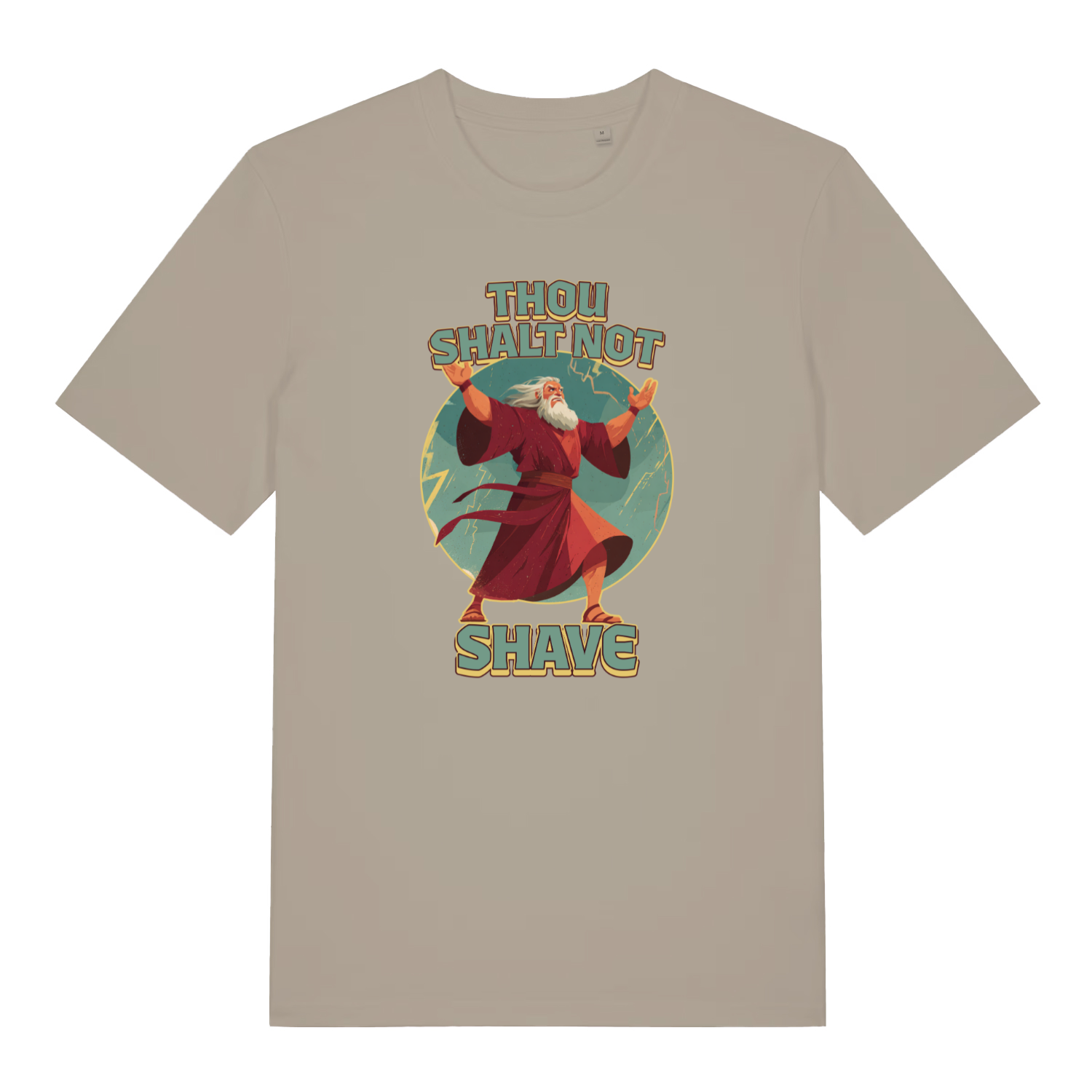 stone funny jesus t-shirt with a graphic of a character in a robe and the text 'Thou Shalt Not Shave' 