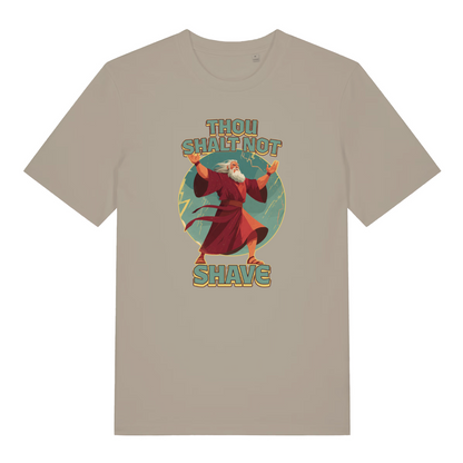 stone funny jesus t-shirt with a graphic of a character in a robe and the text 'Thou Shalt Not Shave' 