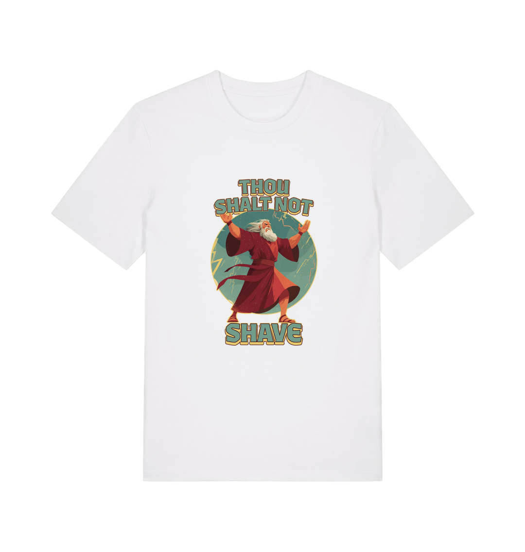 white funny jesus t-shirt with the graphic of a robed man and the slogan 'thou shalt not shave'