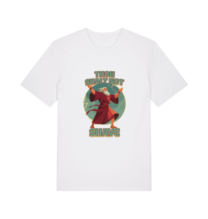 white funny jesus t-shirt with the graphic of a robed man and the slogan 'thou shalt not shave'