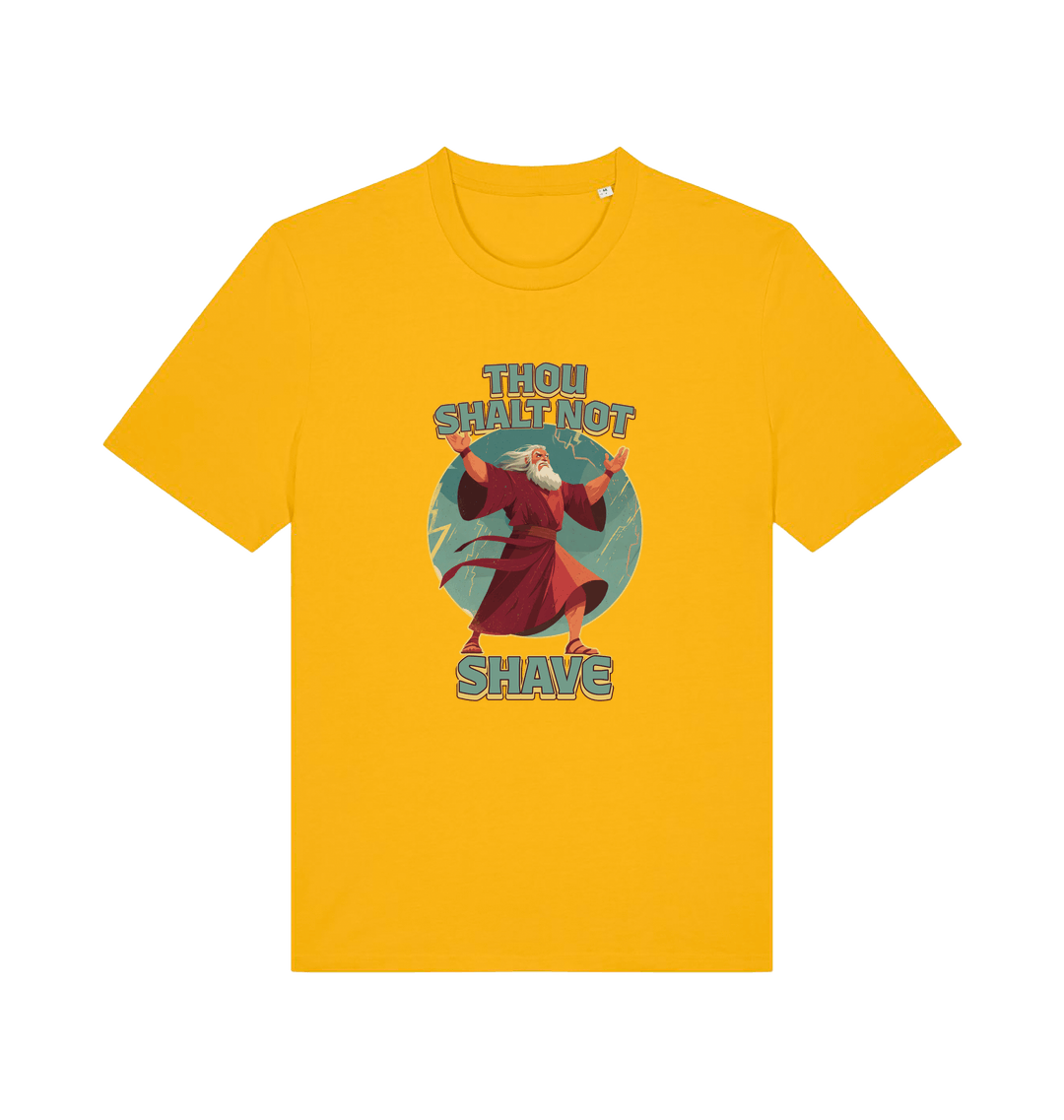 yellow funny jesus t-shirt with the graphic of a robed man and the slogan 'thou shalt not shave'