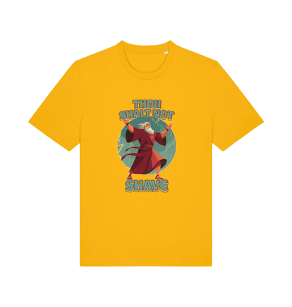 yellow funny jesus t-shirt with the graphic of a robed man and the slogan 'thou shalt not shave'