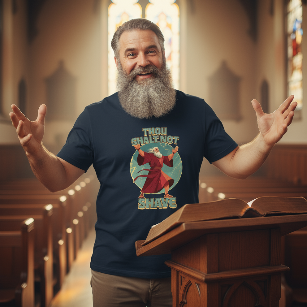 Man in a church wearing a t-shirt with a humorous design.