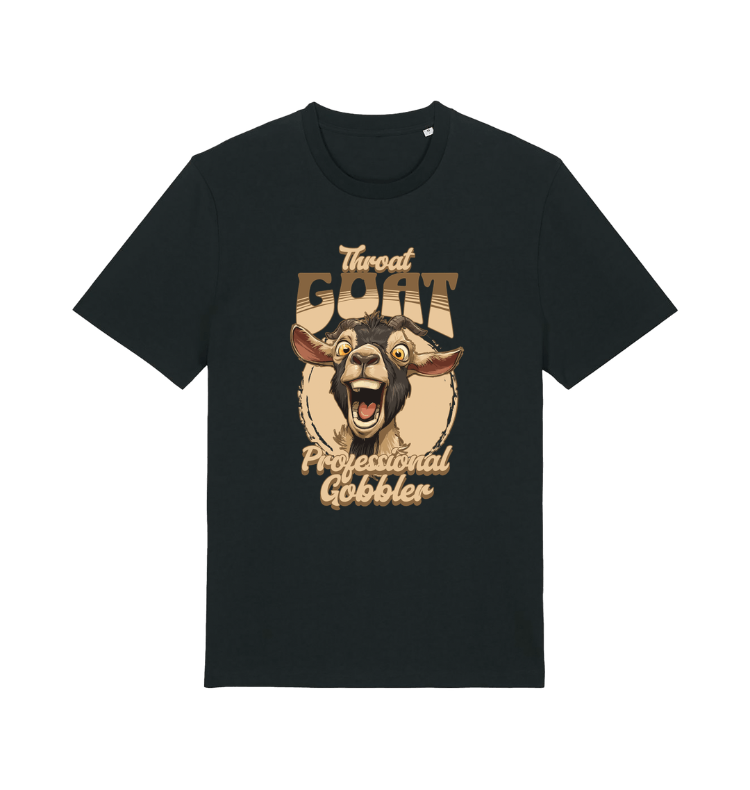 black funny offensive t-shirt with the graphic of a goat and the slogan 'throat goat professional gobbler'