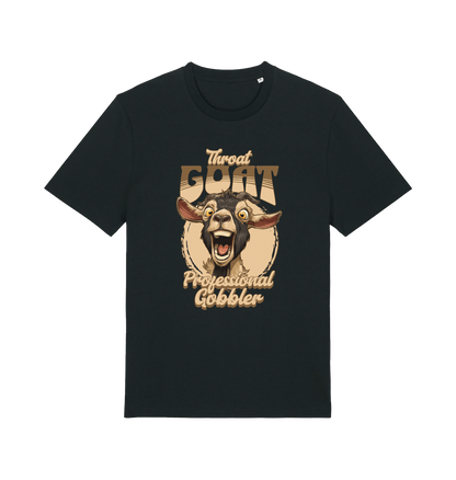 black funny offensive t-shirt with the graphic of a goat and the slogan 'throat goat professional gobbler'