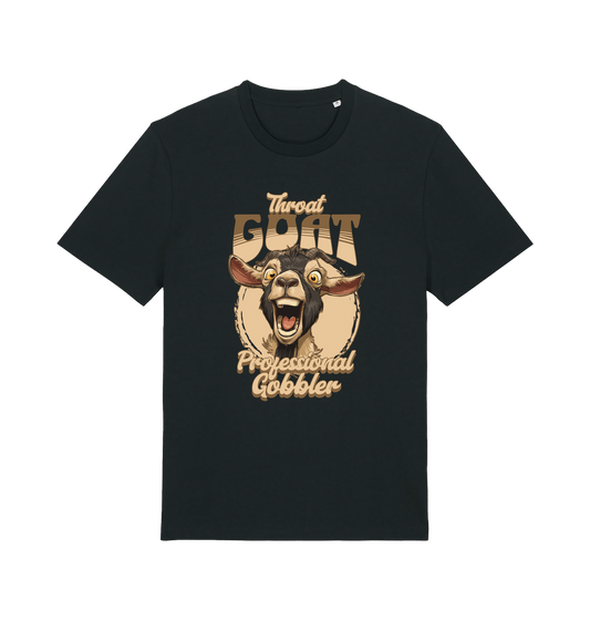 black funny offensive t-shirt with the graphic of a goat and the slogan 'throat goat professional gobbler'