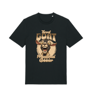 black funny offensive t-shirt with the graphic of a goat and the slogan 'throat goat professional gobbler'