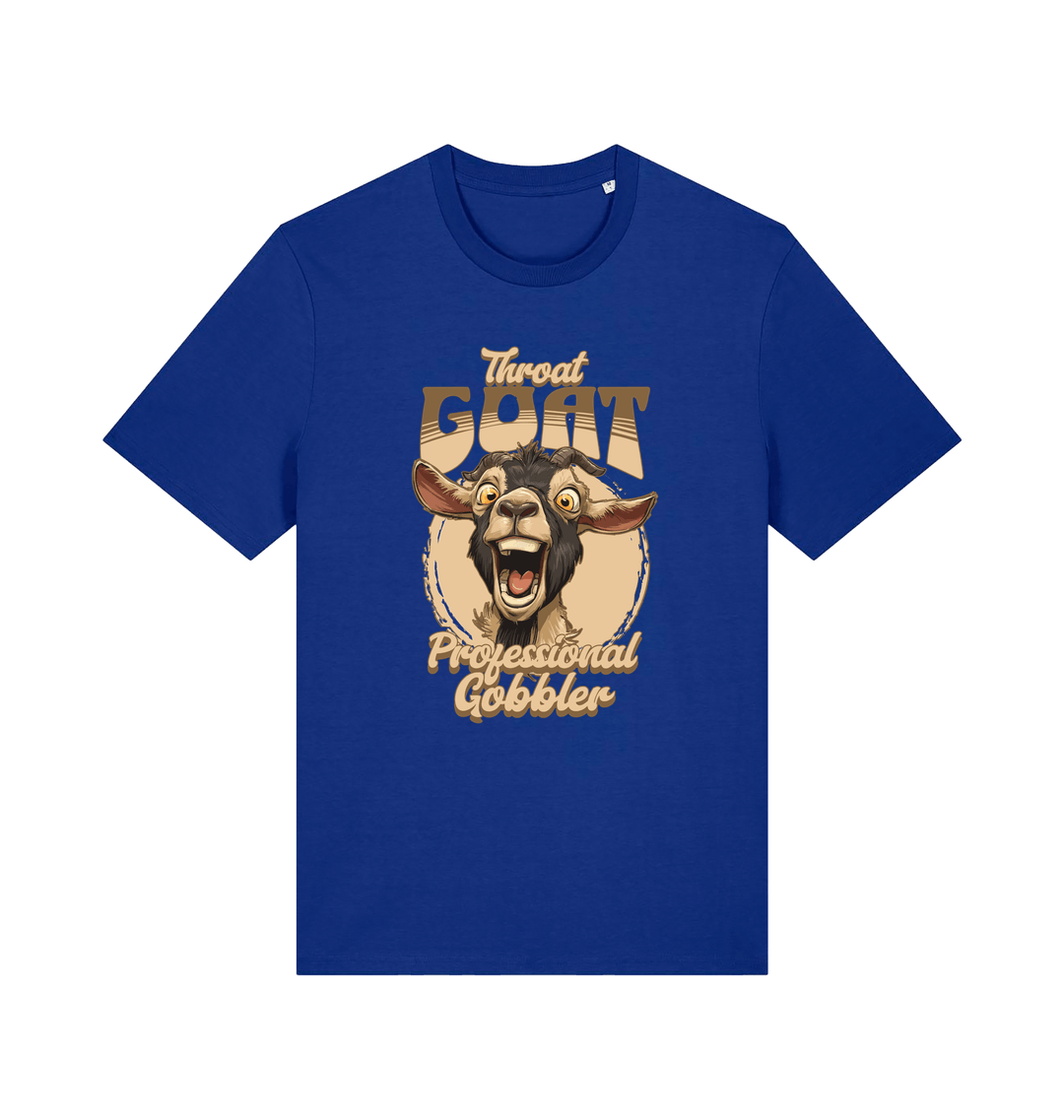 blue funny offensive t-shirt with the graphic of a goat and the slogan 'throat goat professional gobbler'