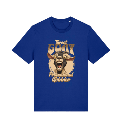 blue funny offensive t-shirt with the graphic of a goat and the slogan 'throat goat professional gobbler'
