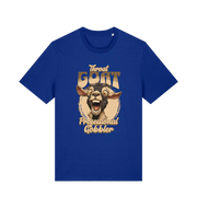 blue funny offensive t-shirt with the graphic of a goat and the slogan 'throat goat professional gobbler'