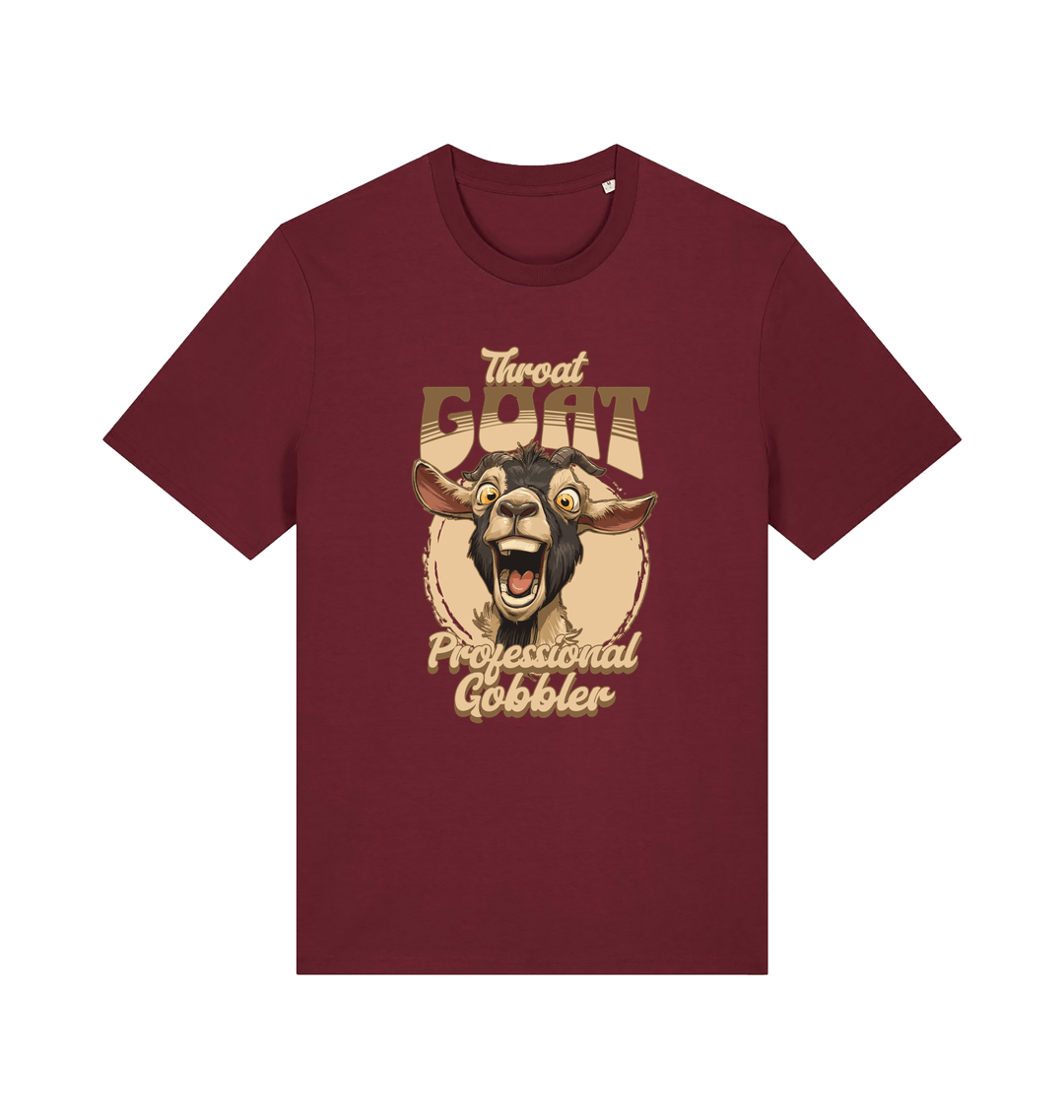 burgundy funny offensive t-shirt with the graphic of a goat and the slogan 'throat goat professional gobbler'