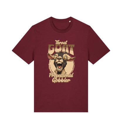 burgundy funny offensive t-shirt with the graphic of a goat and the slogan 'throat goat professional gobbler'
