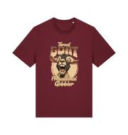 burgundy funny offensive t-shirt with the graphic of a goat and the slogan 'throat goat professional gobbler'