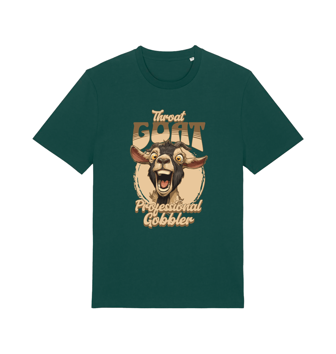 green funny offensive t-shirt with the graphic of a goat and the slogan 'throat goat professional gobbler'
