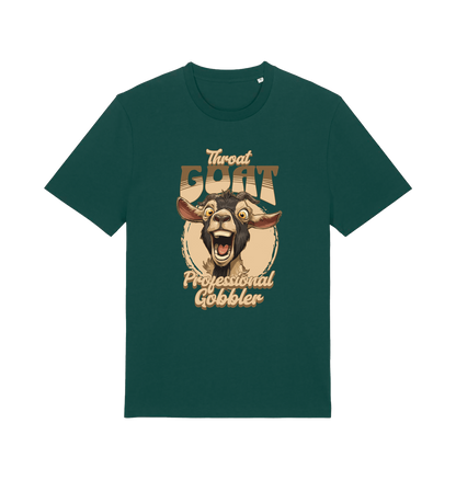 green funny offensive t-shirt with the graphic of a goat and the slogan 'throat goat professional gobbler'