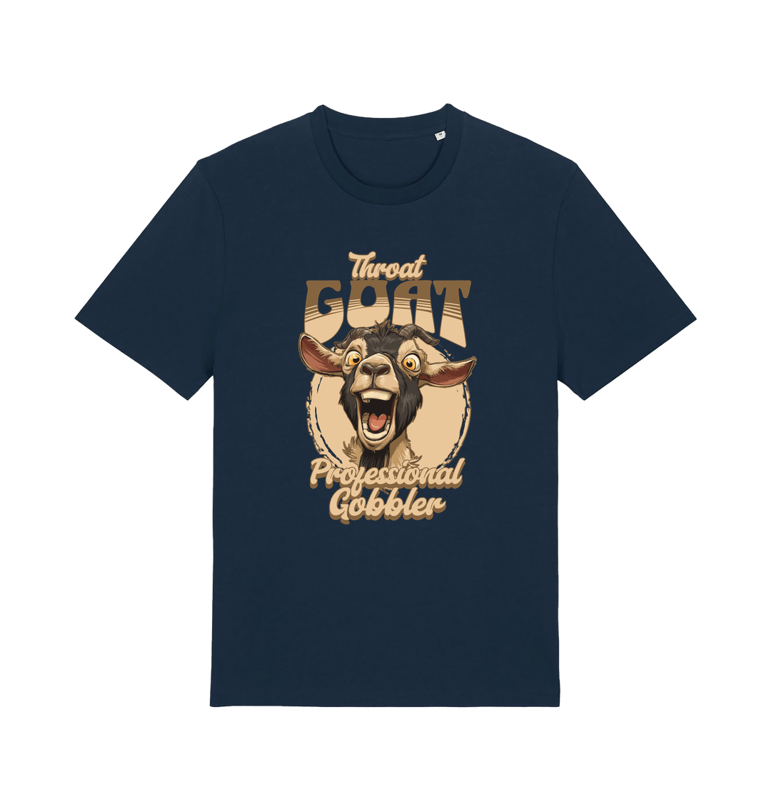 navy funny offensive t-shirt with the graphic of a goat and the slogan 'throat goat professional gobbler'