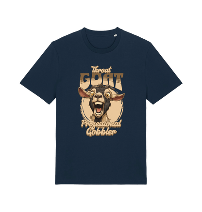 navy funny offensive t-shirt with the graphic of a goat and the slogan 'throat goat professional gobbler'