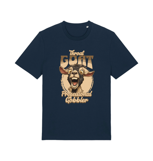 navy funny offensive t-shirt with the graphic of a goat and the slogan 'throat goat professional gobbler'