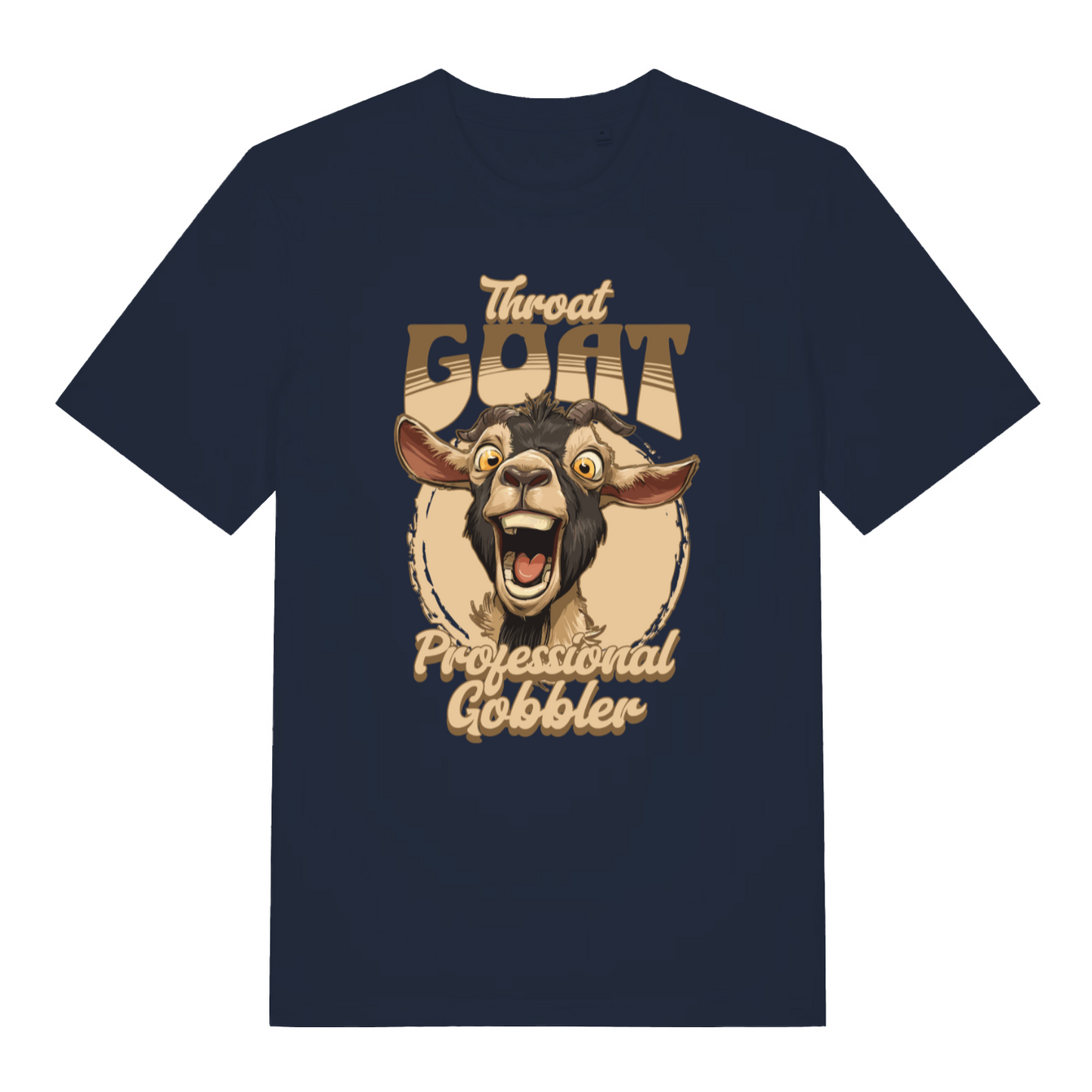 navy funny offensive t-shirt with the graphic of a goat and the slogan 'throat goat professional gobbler'