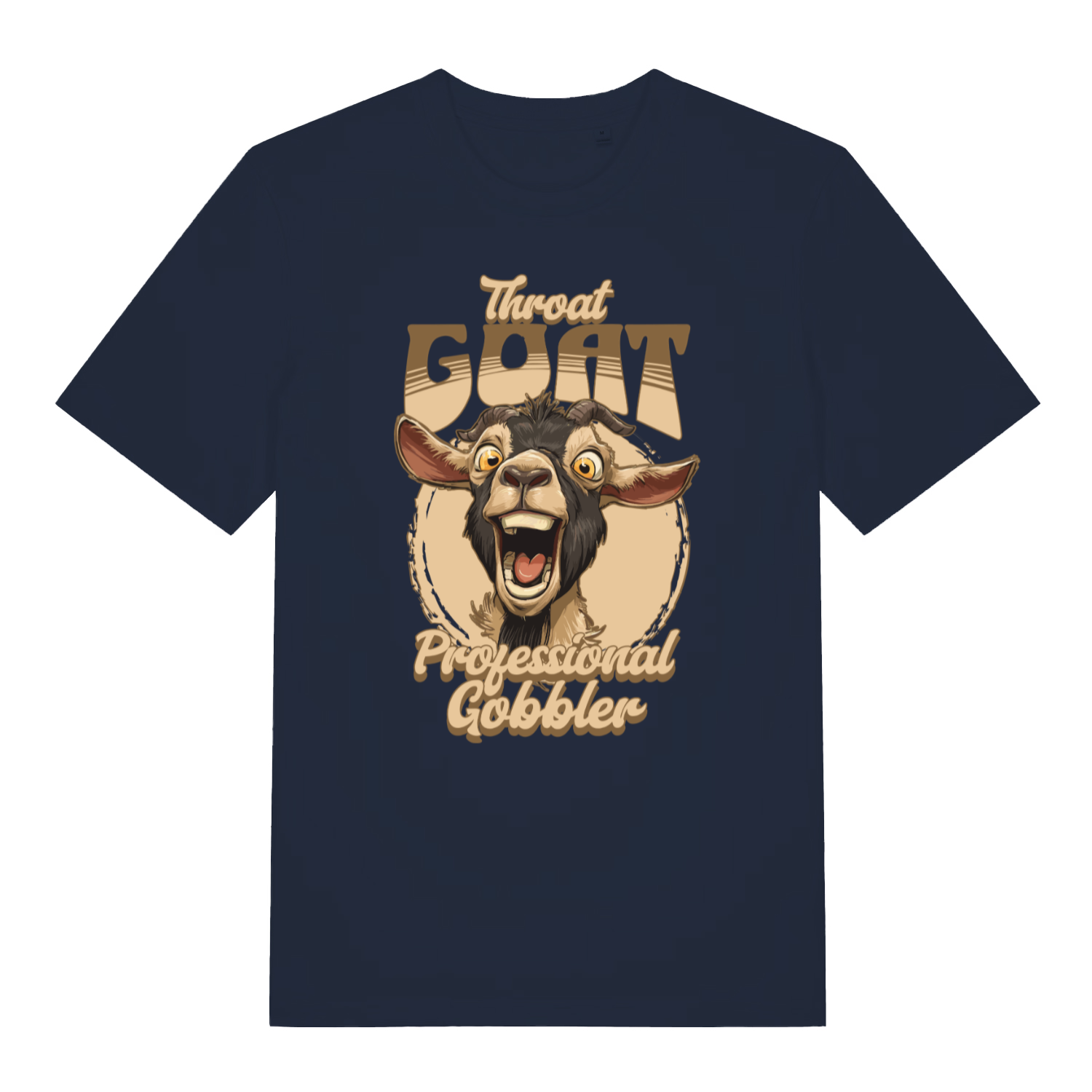 navy funny offensive t-shirt with the graphic of a goat and the slogan 'throat goat professional gobbler'
