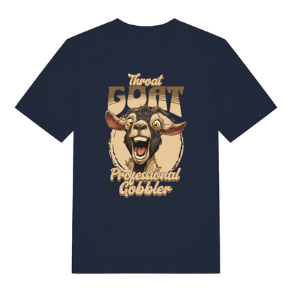 navy funny offensive t-shirt with the graphic of a goat and the slogan 'throat goat professional gobbler'