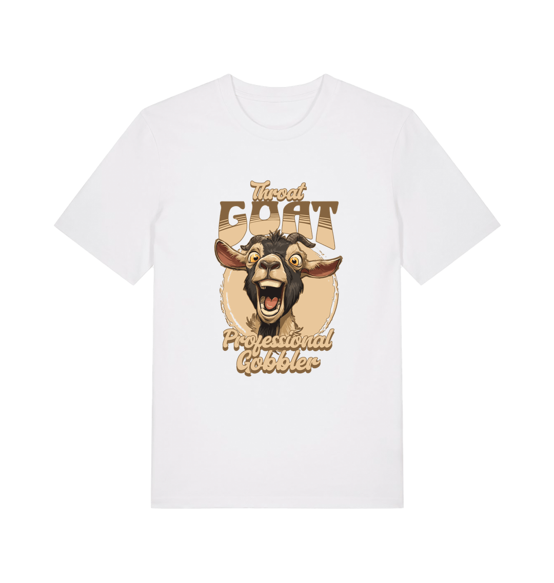 white funny offensive t-shirt with the graphic of a goat and the slogan 'throat goat professional gobbler'