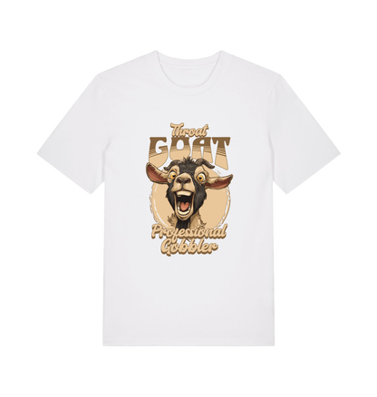 white funny offensive t-shirt with the graphic of a goat and the slogan 'throat goat professional gobbler'